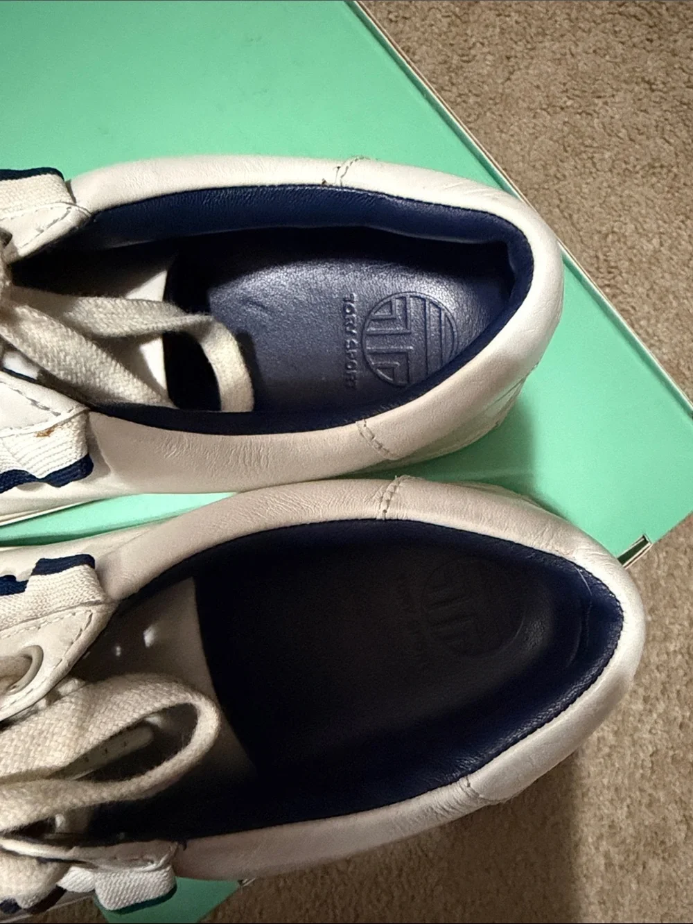 Tory Burch White Leather Sneakers with Navy Trim